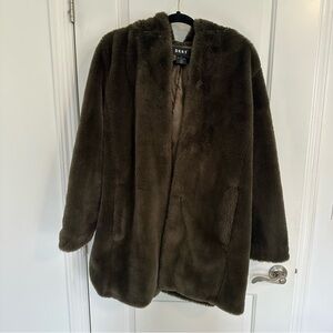 DKNY Brown Faux Fur Coat with Satin Lining